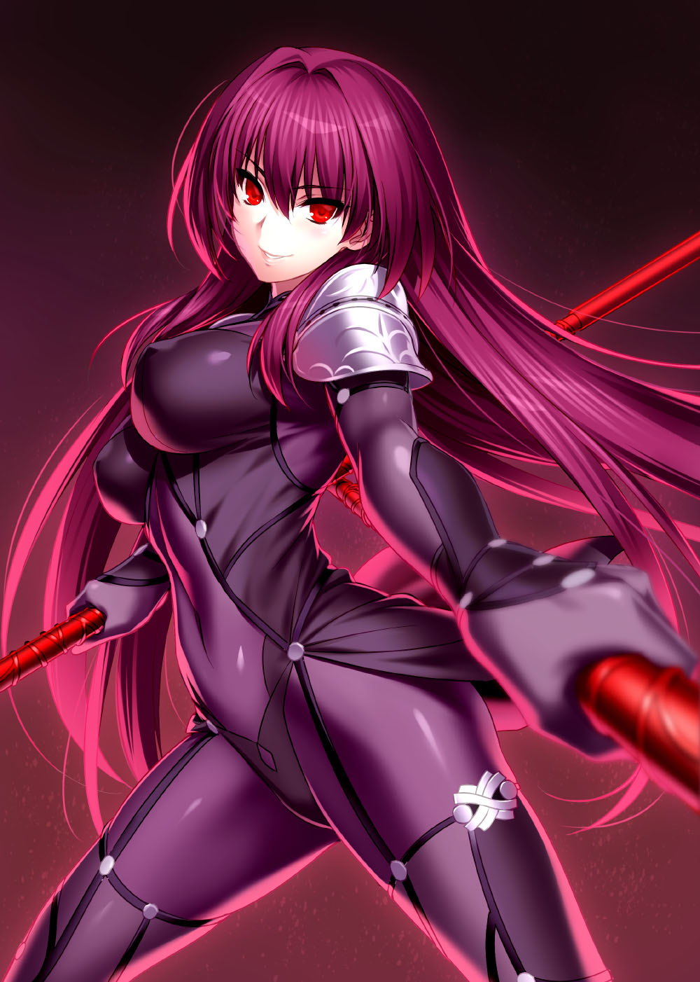 1girl armor black_background blurry bodysuit breasts covered_erect_nipples covered_navel depth_of_field dual_wielding fate/grand_order fate_(series) female_focus floating_hair gae_bolg_(fate) gradient_background hair_between_eyes hair_intakes highres holding holding_weapon large_breasts long_hair looking_at_viewer parted_lips pauldrons polearm purple_background purple_bodysuit purple_hair red_eyes scathach_(fate) shoulder_armor shoulder_pads smile solo spear standing thighs type-moon very_long_hair weapon zen