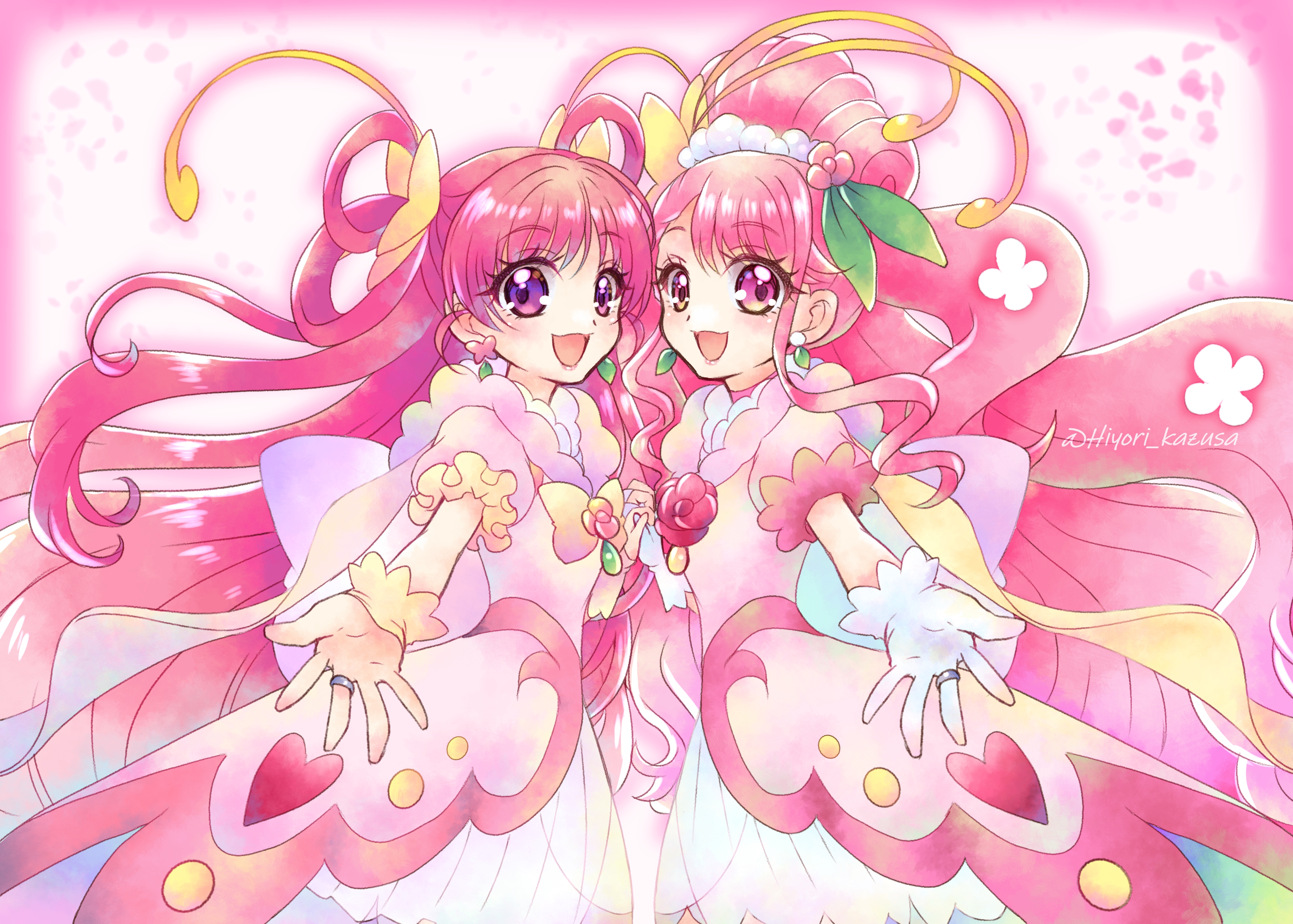 2girls :d absurdres back_bow blush bow coat commentary_request cowboy_shot cure_dream cure_grace dream_cure_grace dress earrings flower frills gloves hair_bun hair_flower hair_ornament hair_rings hanadera_nodoka healin'_good_precure healin'_good_precure:_yume_no_machi_de_kyun!_tto_gogo!_daihenshin!! heart highres holding_hands huge_bow in-franchise_crossover jewelry kazusa_hiyori long_hair looking_at_viewer magical_girl multicolored_bow multiple_girls open_mouth outstretched_hand partial_commentary pink_coat pink_eyes pink_flower pink_hair pink_rose pink_theme precure puffy_sleeves purple_eyes revision ring rose single_hair_bun smile standing symmetrical_pose symmetry twitter_username white_dress white_gloves yes!_precure_5 yes!_precure_5_gogo! yumehara_nozomi