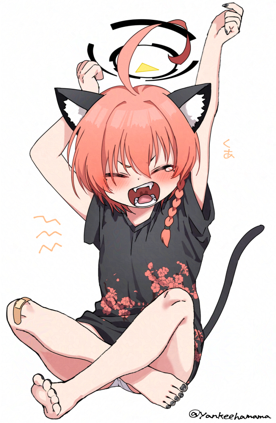 1girl ahoge animal_ears arms_up bandaid bandaid_on_knee bandaid_on_leg barefoot black_halo black_nails black_shirt blue_archive braid cat_ears cat_tail closed_eyes commentary_request facing_viewer fangs full_body halo highres huge_ahoge indian_style kemonomimi_mode nail_polish neru_(blue_archive) neru_(school_uniform)_(blue_archive) official_alternate_costume open_mouth outstretched_arm red_hair shigeta_(yankeehamama) shirt short_hair short_sleeves side_braid simple_background single_braid sitting solo tail tears teeth toenail_polish toenails twitter_username uvula v-shaped_eyebrows white_background yawning