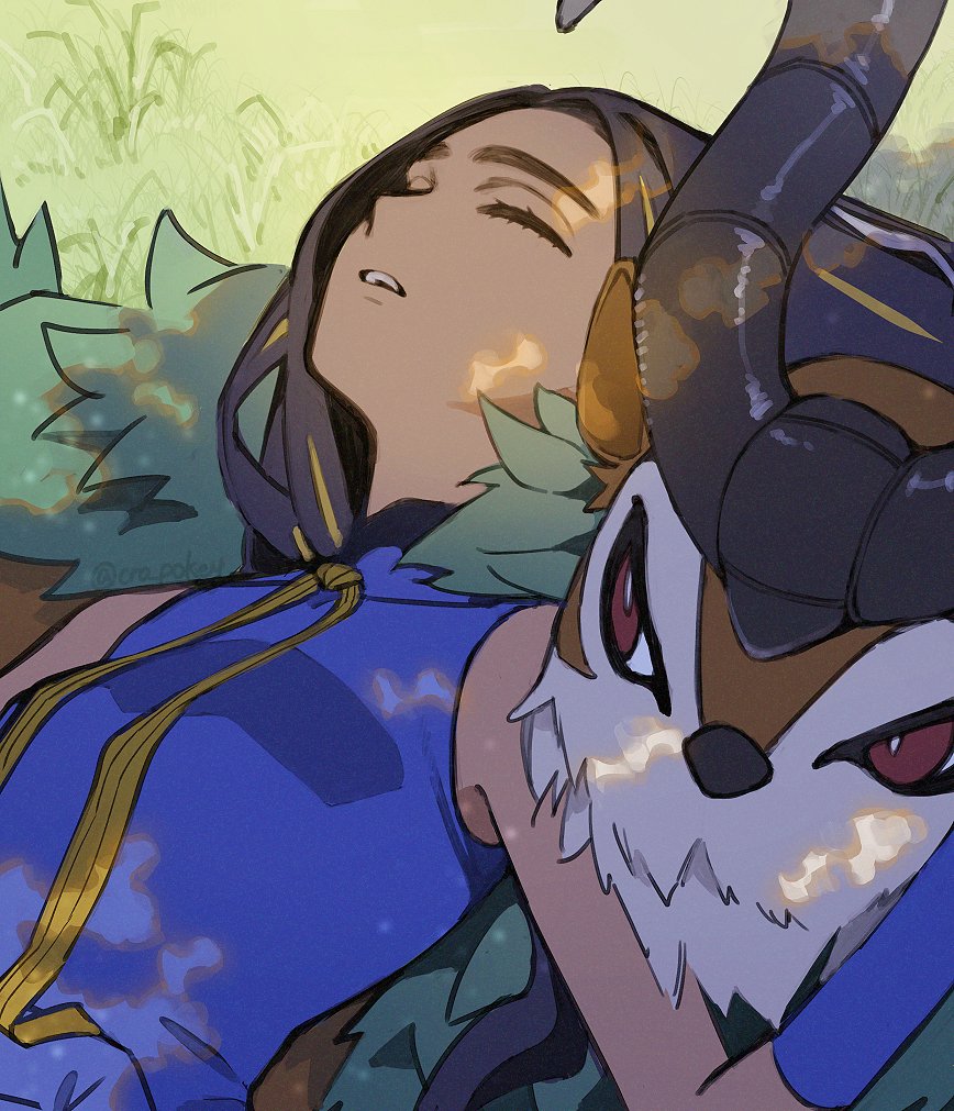 1girl black_hair blue_shirt closed_eyes dappled_sunlight day from_above geeta_(pokemon) gen_6_pokemon gogoat grass horns long_hair lying nintendo on_back on_grass parted_lips pokemon pokemon_(creature) pokemon_sv red_eyes shirt shougo-akira sleeping sleeveless sleeveless_shirt sunlight twitter_username upper_body