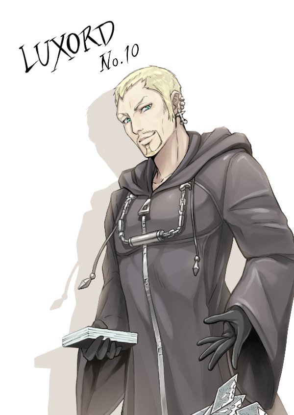 1boy beard black_coat_(kingdom_hearts) blonde_hair card character_name closed_mouth facial_hair gloves gogo_(detteiu_de) green_eyes jewelry kingdom_hearts kingdom_hearts_ii looking_at_viewer luxord male_focus organization_xiii playing_card simple_background solo white_background