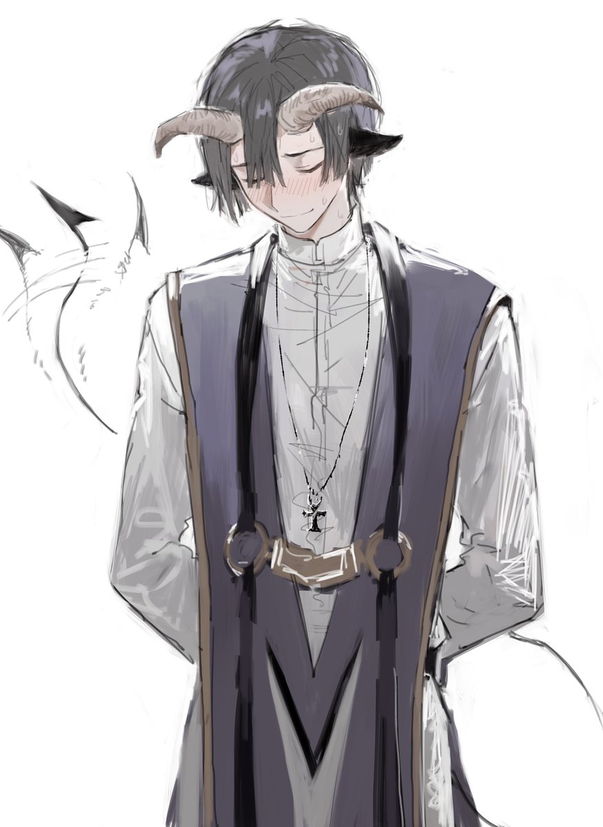 1boy animal_ears arm_behind_back black_hair blush clerical_collar closed_eyes demon_boy demon_cleric demon_tail embarrassed goat_ears goat_horns hair_between_eyes highres horns looking_down male_focus maou-jou_de_oyasumi shy simple_background standing suechimu sweat tail tail_wagging upper_body