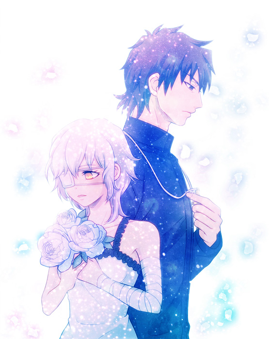 1boy 1girl blue_hair claudia_hortensia cross cross_necklace dress eyepatch fate/zero fate_(series) flower hisohiso hisohiso_(altoblue) jewelry kotomine_kirei necklace short_hair wavy_hair white_hair yellow_eyes