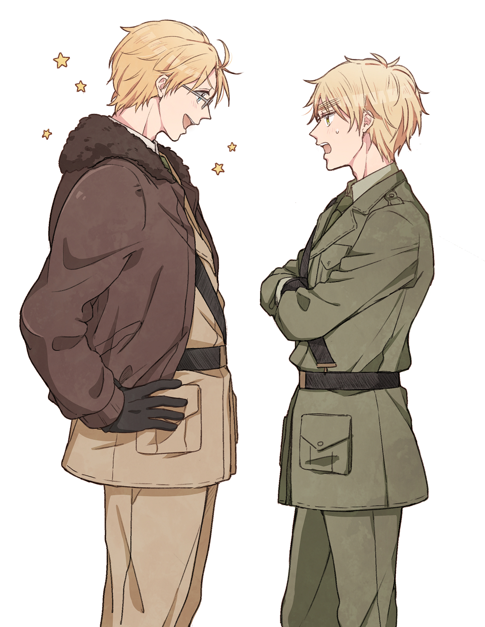 2boys america_(hetalia) axis_powers_hetalia belt black_belt black_gloves blonde_hair blue_eyes breast_pocket brown_jacket collared_shirt commentary_request cowboy_shot crossed_arms fur-trimmed_jacket fur_trim glasses gloves green_eyes green_jacket green_necktie green_pants green_shirt grey-framed_eyewear hand_on_own_hip highres jacket lapels long_sleeves looking_at_another male_focus military_jacket military_uniform multiple_boys nbsr necktie open_clothes open_jacket open_mouth pants pocket semi-rimless_eyewear shirt short_hair simple_background smile standing star_(symbol) sweatdrop teeth united_kingdom_(hetalia) white_background white_shirt