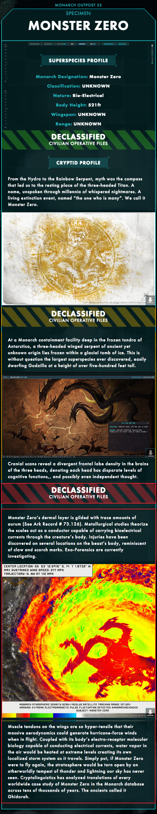 absurdres alien apocalypse archery arrow_(projectile) bow_(weapon) cave_paintings character_profile conjoined conspiracy death dragon electricity energy energy_beam giant giant_monster glyph godzilla:_king_of_the_monsters godzilla_(series) hieroglyphics highres horns horse hurricane hydra infrared kaiju king_ghidorah legendary_pictures lightning monarch_(monsterverse) monster monsterverse multiple_heads mural no_humans official_art promotional_art satellite_view science sketch spikes storm sumerian text_focus thermal_imaging thermography toho tongue tongue_out viral_marketing weapon wings wyvern