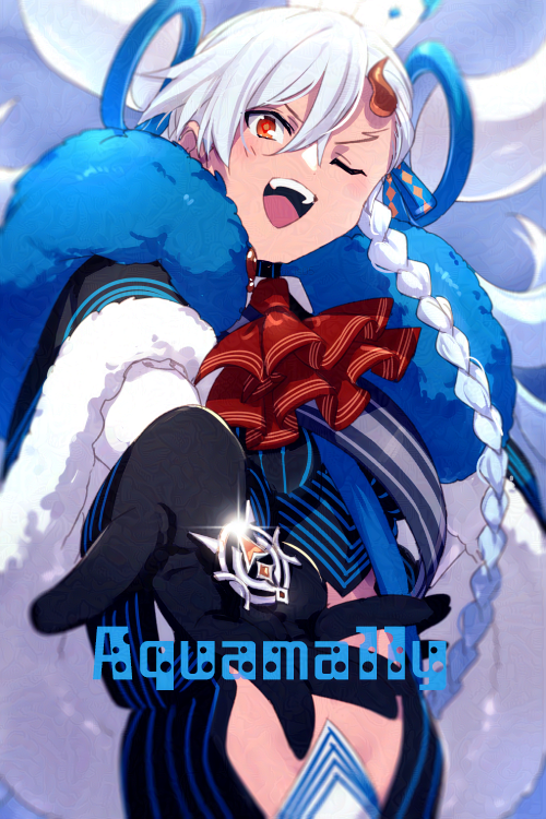 1girl ascot asymmetrical_bangs black_bodysuit black_cape bodysuit braid breasts cape e-aqua_marie echo_(circa) fate/grand_order fate_(series) fur-trimmed_cape fur_trim horns huge_horns long_hair long_horns long_sleeves looking_at_viewer medium_breasts multicolored_hair olga_marie_animusphere one_eye_closed open_mouth orange_eyes outstretched_arm ribbon side_braid smile solo u-olga_marie very_long_hair white_hair