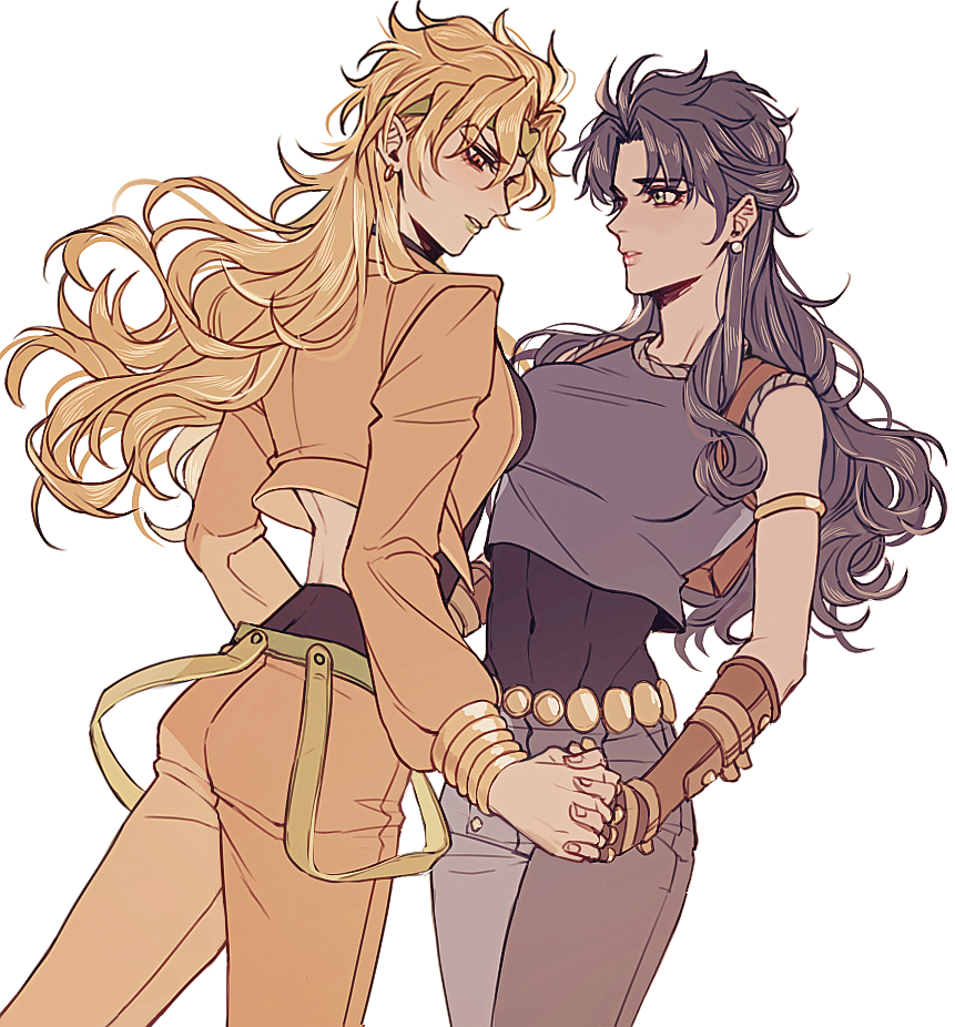 2girls ass backpack bag black_leotard blonde_hair blue_eyes blue_hair bracelet breast_press breasts chinese_commentary commentary_request dio_brando fingerless_gloves genderswap genderswap_(mtf) gloves green_lips hako_iix07 heart holding_hands interlocked_fingers jacket jewelry jojo_no_kimyou_na_bouken jonathan_joestar large_breasts leotard long_hair long_sleeves looking_at_another multiple_girls pants parted_lips phantom_blood red_eyes shirt simple_background stardust_crusaders symmetrical_docking very_long_hair white_background yellow_jacket yellow_pants yuri