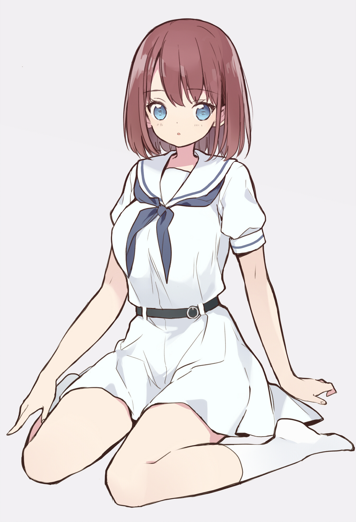 1girl :o belt belt_buckle black_belt blue_eyes blue_neckerchief blush breasts brown_hair buckle character_request dress female_focus hair_between_eyes highres itsumi_(itumiyuo) medium_breasts neckerchief no_shoes parted_lips puffy_short_sleeves puffy_sleeves sailor_collar sailor_dress saki_(manga) school_uniform shiraitodai_school_uniform short_sleeves sitting socks solo unozawa_shiori wariza white_dress white_sailor_collar white_socks