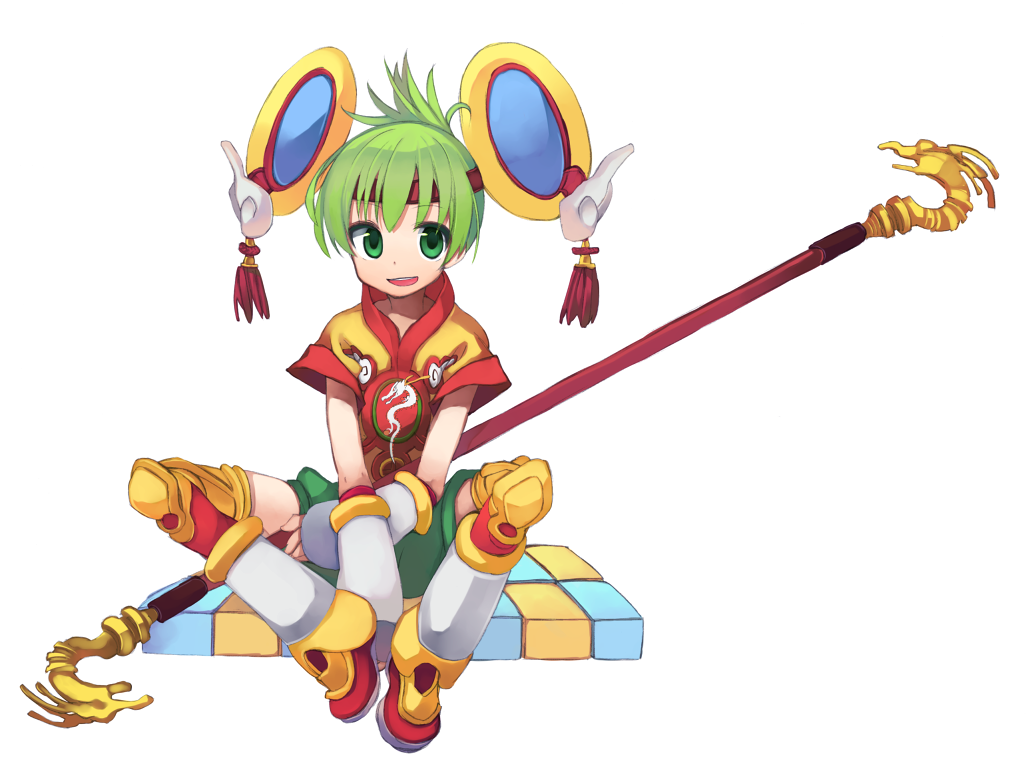 10s 1girl bad_id bad_pixiv_id detached_sleeves dragon_kid elbow_gloves female_focus gloves green_eyes green_hair huang_baoling looking_at_viewer maroyaka51 matching_hair/eyes open_mouth polearm short_hair shorts simple_background sitting solo thighhighs tiger_&amp;_bunny weapon white_background