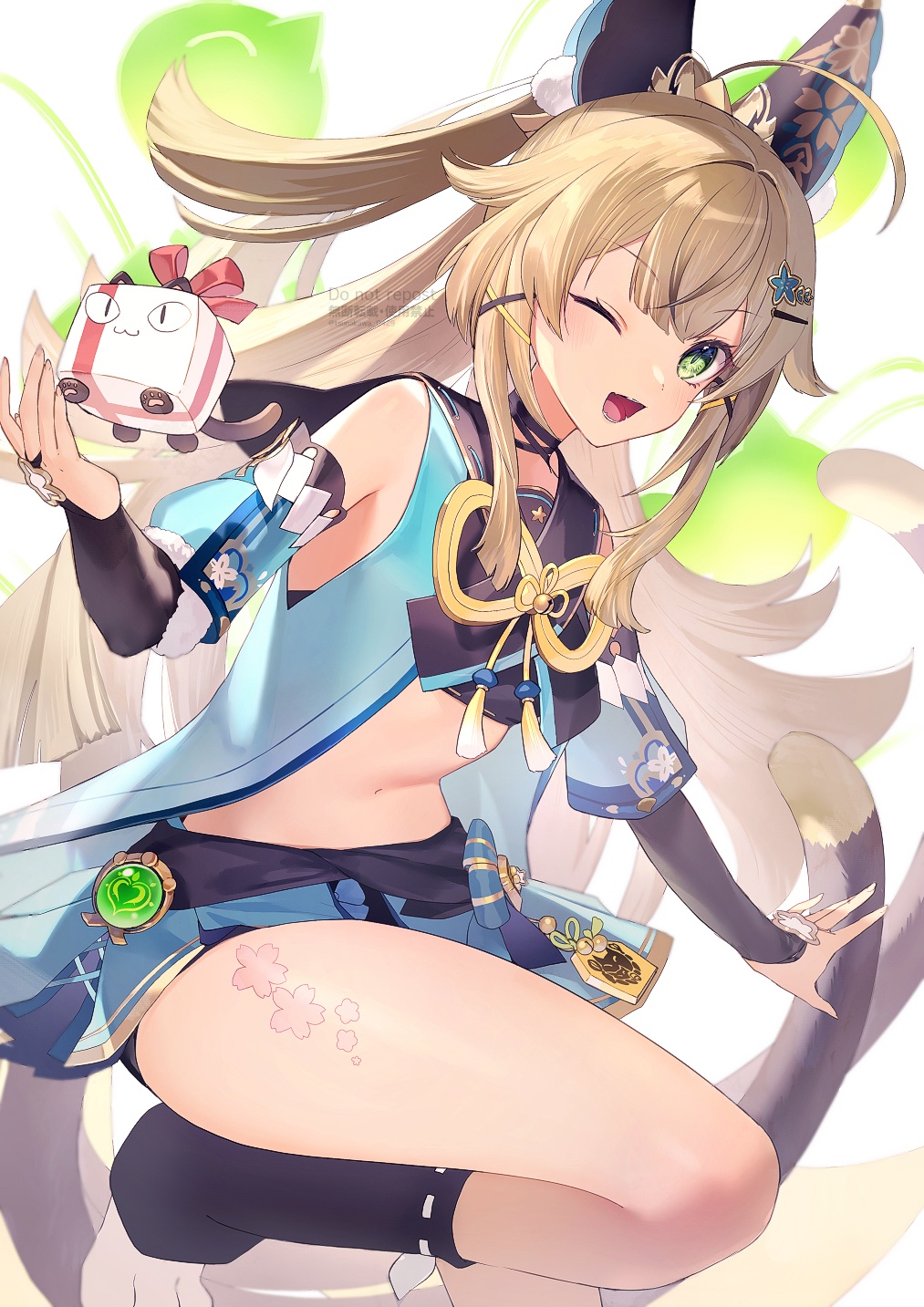 1girl ahoge animal_ears blonde_hair blue_skirt brown_hair commentary_request flower_tattoo genshin_impact green_eyes hair_ornament hairclip highres kirara_(cat)_(genshin_impact) kirara_(genshin_impact) leg_tattoo long_hair looking_at_viewer midriff ponytail skirt solo tail tattoo thighs tsunakawa