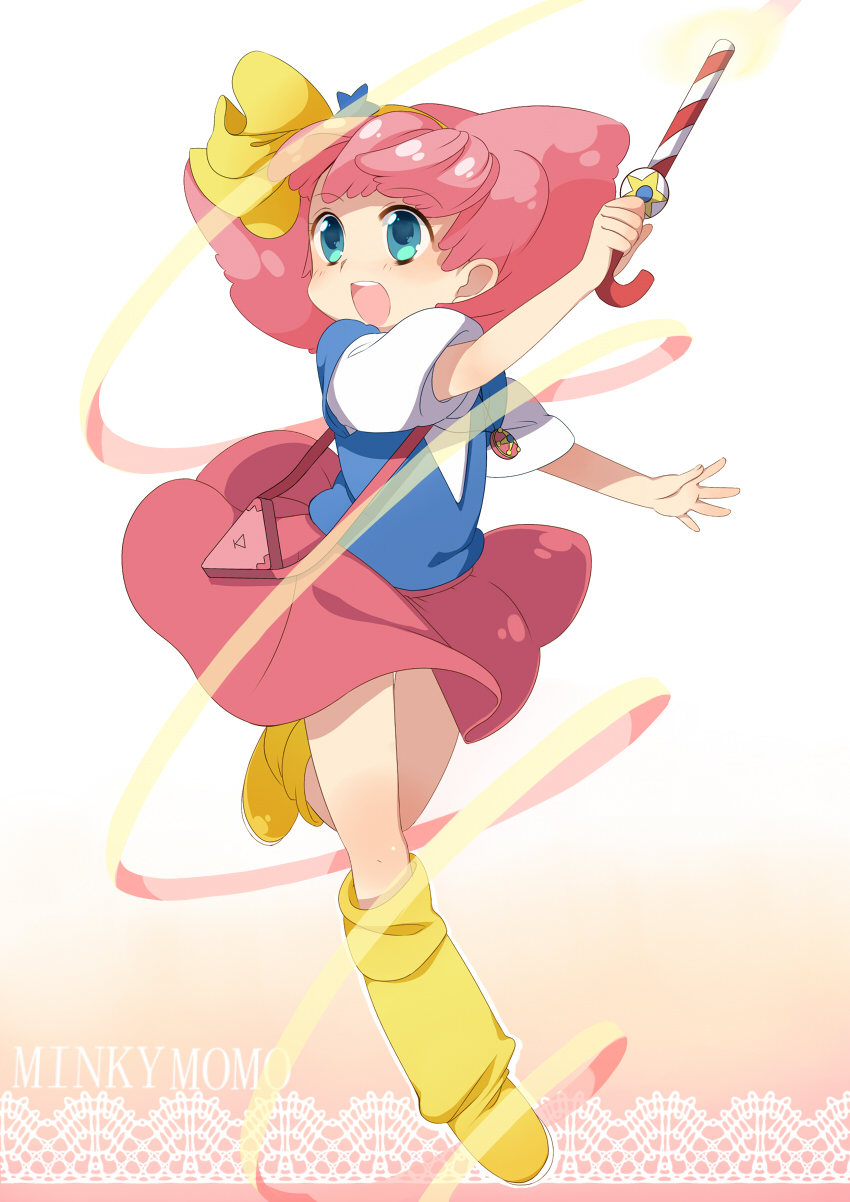 1girl aqua_eyes candy candy_cane character_name female_focus food full_body hairband highres jewelry mahou_no_princess_minky_momo minky_momo necklace neko_(natsuiroclassic) pink_hair red_skirt short_hair skirt smile socks solo wand