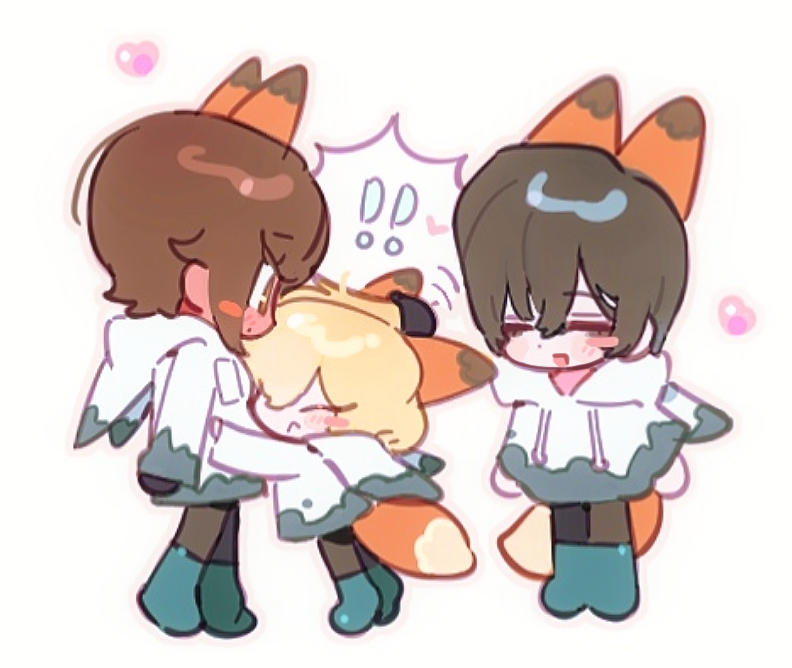 ! !! 1girl 2boys animal_ears black_gloves black_hair black_pants blonde_hair boots brown_eyes brown_hair chibi e.g.o_(project_moon) fox_ears fox_tail full_body gloves green_boots heart hug huyj_cl limbus_company multiple_boys outis_(project_moon) pants petting project_moon raincoat short_hair sinclair_(project_moon) sunshower_(e.g.o) tail white_raincoat yi_sang_(project_moon)