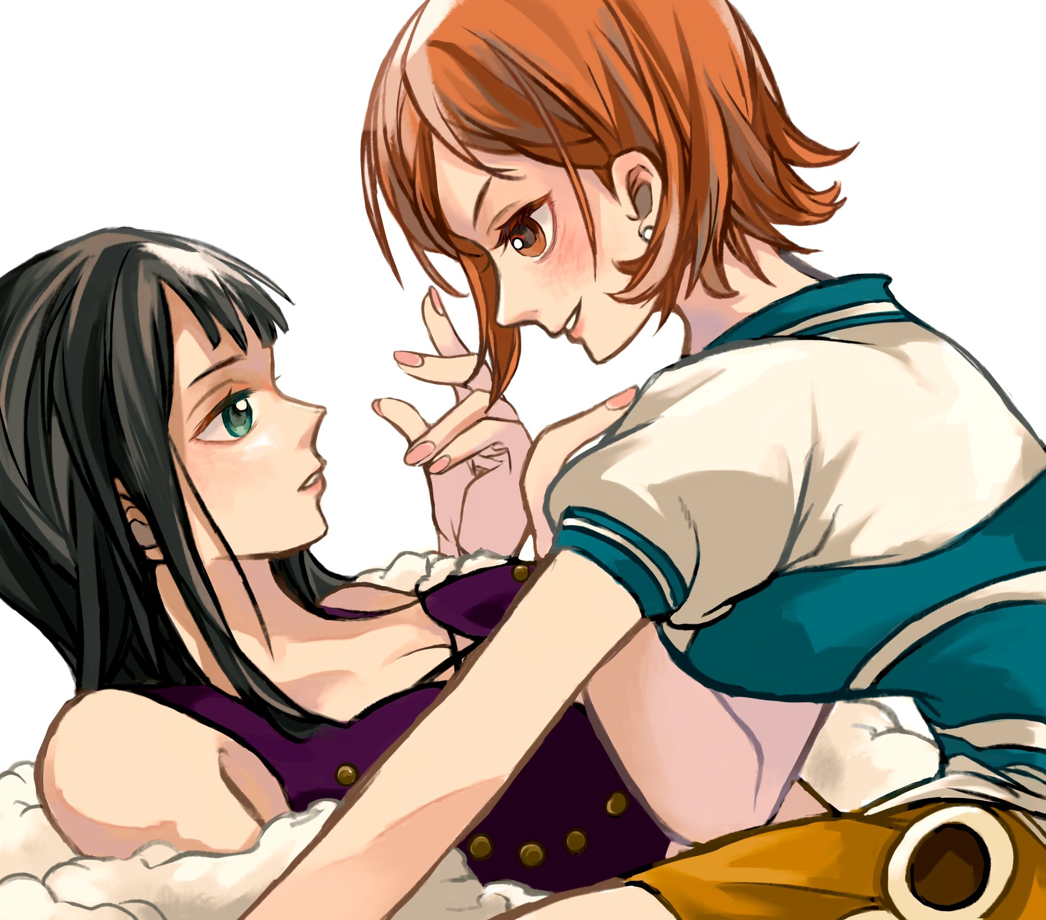 2girls black_hair blue_eyes blunt_bangs blush coat earrings eye_contact highres jewelry looking_at_another medium_hair multiple_girls nami_(one_piece) nami_(one_piece)_(east_blue) nico_robin nico_robin_(alabasta) one_piece orange_eyes orange_hair pink_nails profile purple_shirt shirt short_hair simple_background sinoda_maru7326 skirt smile t-shirt traditional_media white_background white_coat yellow_skirt yuri