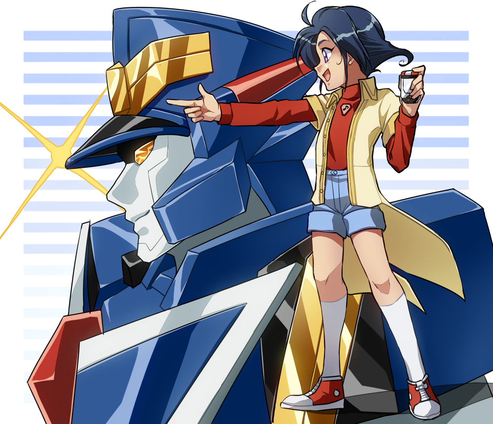 1990s_(style) 1boy blue_hair coat deckerd jacket male_focus mecha musical_note norun open_mouth pointing pointy_ears profile purple_eyes retro_artstyle robot shoes shorts socks tomonaga_yuuta yuusha_keisatsu_j-decker yuusha_series