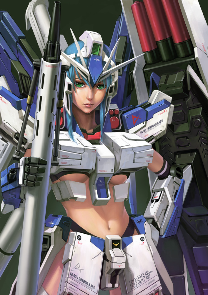 1girl armor blue_hair breasts char&#039;s_counterattack char&#039;s_counterattack_-_beltorchika&#039;s_children female_focus green_eyes gundam helmet hi-nu_gundam hi-nu_gundam_hws large_breasts lips long_hair mecha mecha_musume midriff navel nu_gundam_hws personification robot solo underboob weapon zhenlin