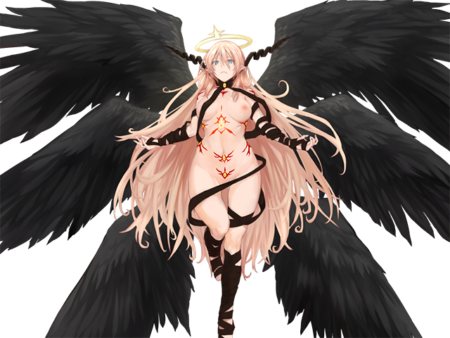 1girl angel angel_wings black_ribbon black_wings blonde_hair blue_eyes breasts closed_mouth feathered_wings full-body_tattoo game_cg hair_between_eyes halo large_breasts light_frown long_hair micaela_(mon-musu_quest!) mon-musu_quest! mon-musu_quest:_paradox multiple_wings naked_ribbon navel nipples nude nuppehofu_(nibuta) outstretched_arms pointy_ears ribbon tattoo variant_set very_long_hair wings yellow_halo