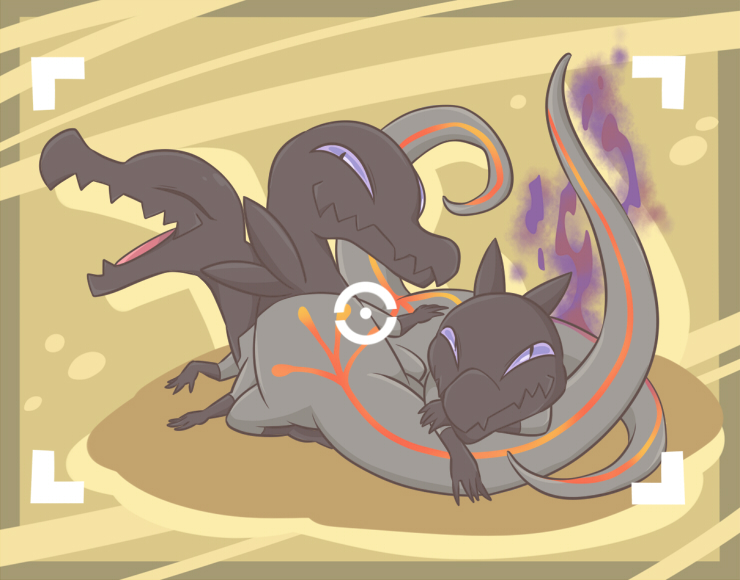 atusix closed_eyes closed_mouth commentary_request framed gen_7_pokemon looking_at_viewer nintendo no_humans open_mouth pokemon pokemon_(creature) salandit smile tongue viewfinder