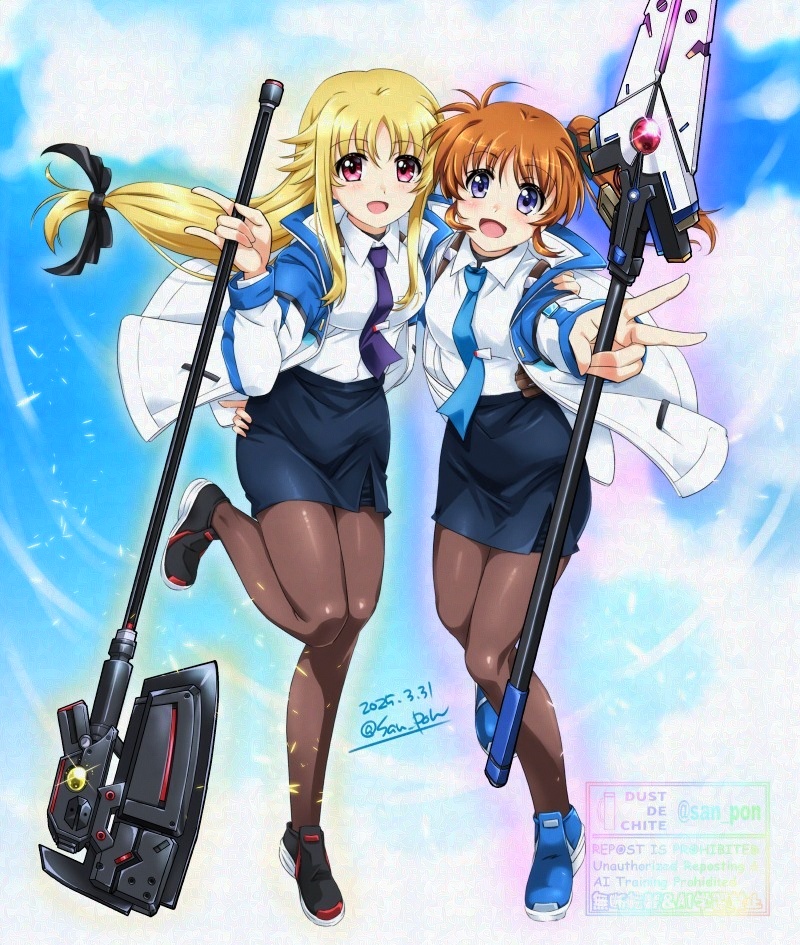 2girls bardiche_(nanoha) black_pantyhose blonde_hair blue_skirt blush brown_hair fate_testarossa holding holding_staff jacket long_hair looking_at_viewer lyrical_nanoha magazine_(weapon) mahou_shoujo_lyrical_nanoha_exceeds:_gun_blaze_vengeance multicolored_jacket multiple_girls necktie open_clothes open_jacket open_mouth pantyhose pencil_skirt ponytail purple_eyes purple_necktie raising_heart san-pon side_ponytail sidelocks skirt smile staff takamachi_nanoha two-tone_jacket