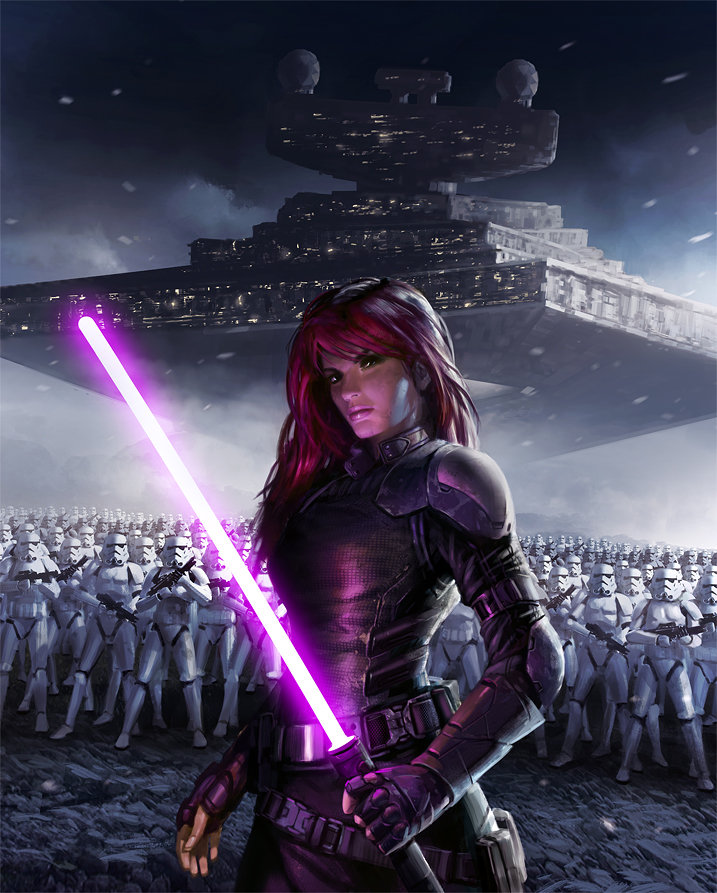 1girl 6+boys armor army black_gloves black_shirt daryl_mandryk elbow_pads energy_sword fingerless_gloves gloves holding holding_sword holding_weapon lightsaber long_hair looking_at_viewer mara_jade multiple_boys pauldrons purple_lightsaber red_hair shirt shoulder_armor star_destroyer star_wars stormtrooper sword weapon