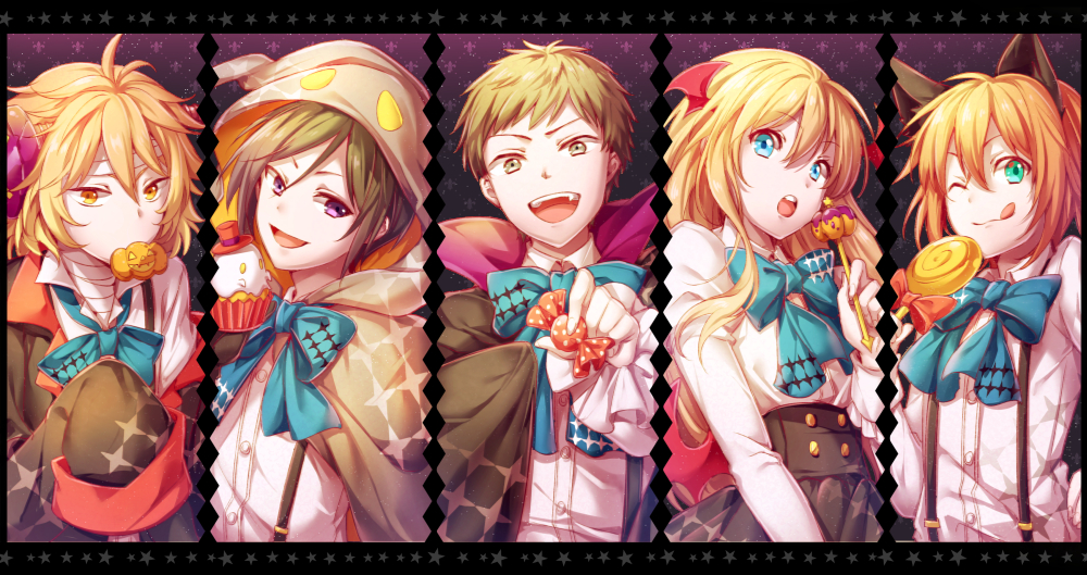 10s 5boys :d :o ;q animal_ears aqua_eyes atsushi_toushirou bandages black_hair blonde_hair blue_eyes bolt_(hardware) brown_eyes brown_hair candy cape column_lineup cupcake food gotou_toushirou grey_eyes halloween hood jack-o&#039;-lantern kiringo lollipop long_sleeves male_focus midare_toushirou mouth_hold multiple_boys one_eye_closed open_mouth purple_eyes red_hair shinano_toushirou skirt sleeves_past_wrists smile suspenders swirl_lollipop tongue tongue_out touken_ranbu trap wolf_ears yagen_toushirou