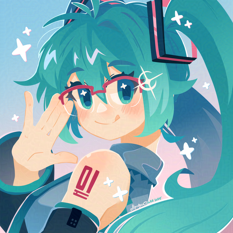 1girl :q aqua_eyes aqua_hair aqua_necktie bare_shoulders blush collared_shirt detached_sleeves glasses gradient_background grey_shirt hatsune_miku long_hair looking_at_viewer necktie portrait projecttiger shirt shoulder_tattoo smile solo tattoo tongue tongue_out twintails vocaloid
