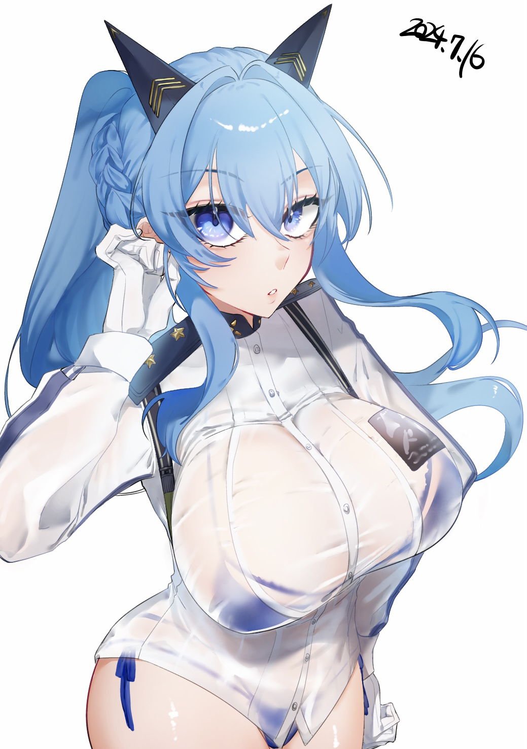 1girl bibie307 bikini blue_bikini blue_eyes blue_hair braid breasts dated gloves goddess_of_victory:_nikke hair_ornament helm_(aqua_marine)_(nikke) helm_(nikke) highres large_breasts long_hair looking_at_viewer parted_lips ponytail see-through_clothes see-through_shirt shirt simple_background solo swimsuit variant_set white_background white_gloves