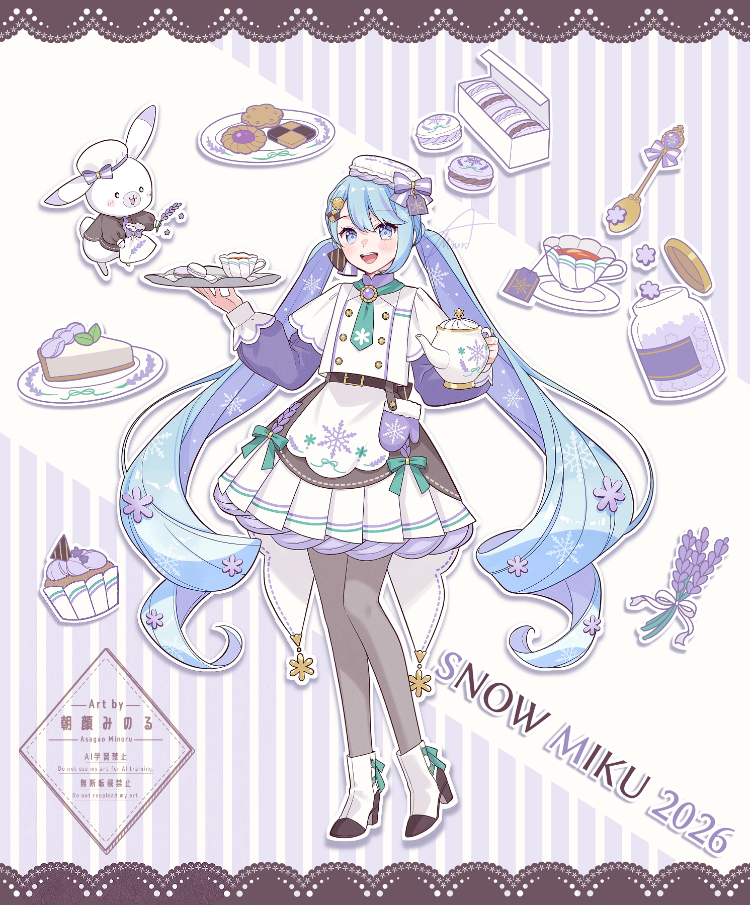 1girl animal aqua_necktie asagao_minoru boots border box buttons character_name checkerboard_cookie cheesecake colored_inner_hair cookie cup cupcake double-breasted drop_shadow floral_print flower food full_body grey_jacket grey_pantyhose hatsune_miku high_heel_boots high_heels highres holding holding_teapot holding_tray jacket jar lace lace_border lavender_(flower) low_twintails macaron mint mittens multicolored_hair necktie ornate_border pantyhose plate pleated_skirt purple_mittens rabbit rabbit_yukine skirt snowflake_print solo standing tea teabag teacup teapot thumbprint_cookie tray twintails unworn_mittens vocaloid watermark whipped_cream white_boots white_border white_jacket white_skirt yuki_miku yuki_miku_(2026)_(candidate_no.1)