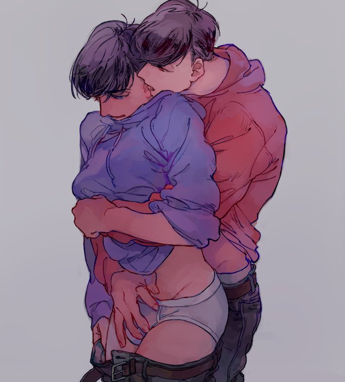 2boys belt belt_buckle biting biting_ear black_belt black_hair blue_eyes blue_hoodie briefs brothers buckle clothes_pull commentary_request denim drawstring grey_background hand_on_another&#039;s_crotch harikoma1010 hood hood_down hoodie hug hug_from_behind incest jeans looking_at_another looking_down male_focus male_underwear matsuno_karamatsu matsuno_osomatsu multiple_boys osomatsu-san osomatsu_(series) pants pants_pull red_eyes red_hoodie short_hair siblings simple_background tongue tongue_out underwear white_male_underwear yaoi