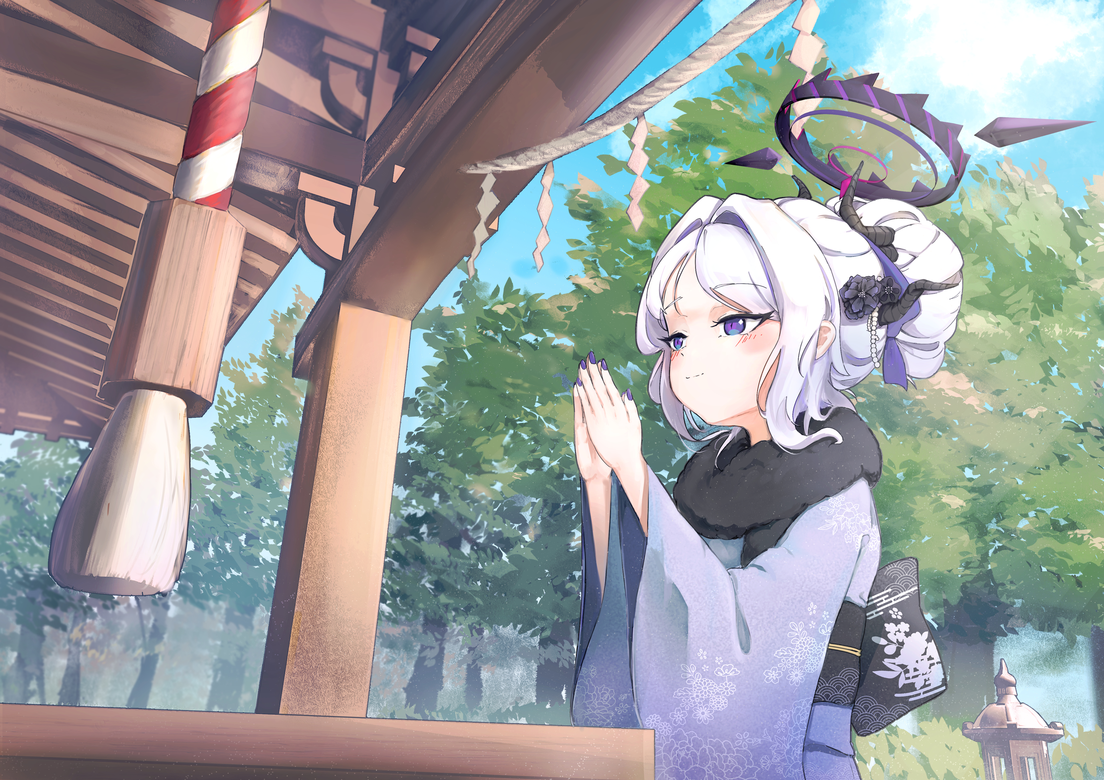 1girl absurdres black_halo black_horns blue_archive closed_mouth demon_girl demon_horns forehead fur_scarf hair_ornament halo highres hina_(blue_archive) horns japanese_clothes kimono light_smile mienpp new_year parted_bangs praying prefect_team_(blue_archive) purple_eyes purple_kimono shrine solo white_hair