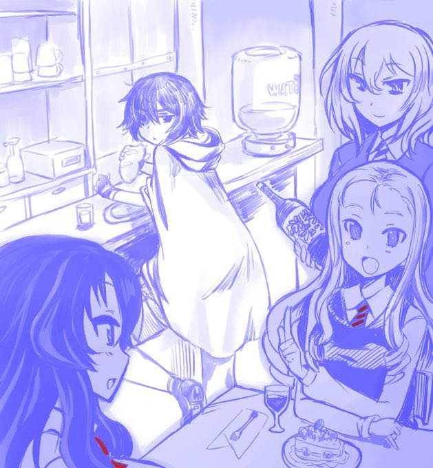 4girls bar_(place) bc_freedom_school_uniform bottle cake cape cup diagonal-striped_clothes diagonal-striped_necktie drinking_glass eclair_(girls_und_panzer) food fork girls_und_panzer girls_und_panzer_gekitou!_maginot-sen_desu!! girls_und_panzer_saishuushou hida_ema holding holding_bottle long_hair maginot_school_uniform marie_(girls_und_panzer) monochrome multiple_girls nabeyu necktie oshida_(girls_und_panzer) pointing pointing_up school_uniform sketch striped_clothes wine_glass
