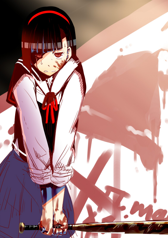 1girl bad_id bad_pixiv_id baseball_bat black_hair blood bloody_weapon clenched_teeth female_focus hairband holding makokujira original red_eyes ribbon school_uniform serafuku skirt solo teeth weapon
