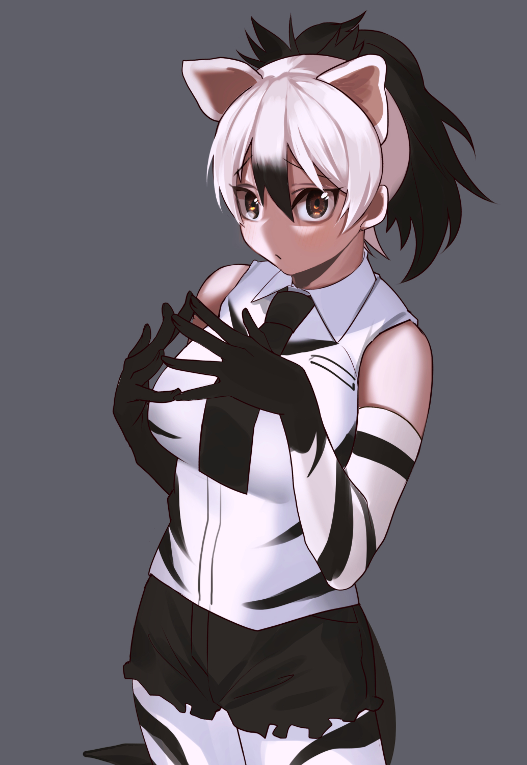 1girl a888_n22 aardwolf_(kemono_friends) animal_ears black_hair brown_eyes elbow_gloves extra_ears gloves grey_background grey_hair highres kemono_friends long_hair looking_at_viewer multicolored_hair necktie pantyhose ponytail shirt shorts simple_background sleeveless sleeveless_shirt solo tail two-tone_hair wolf_ears wolf_girl wolf_tail