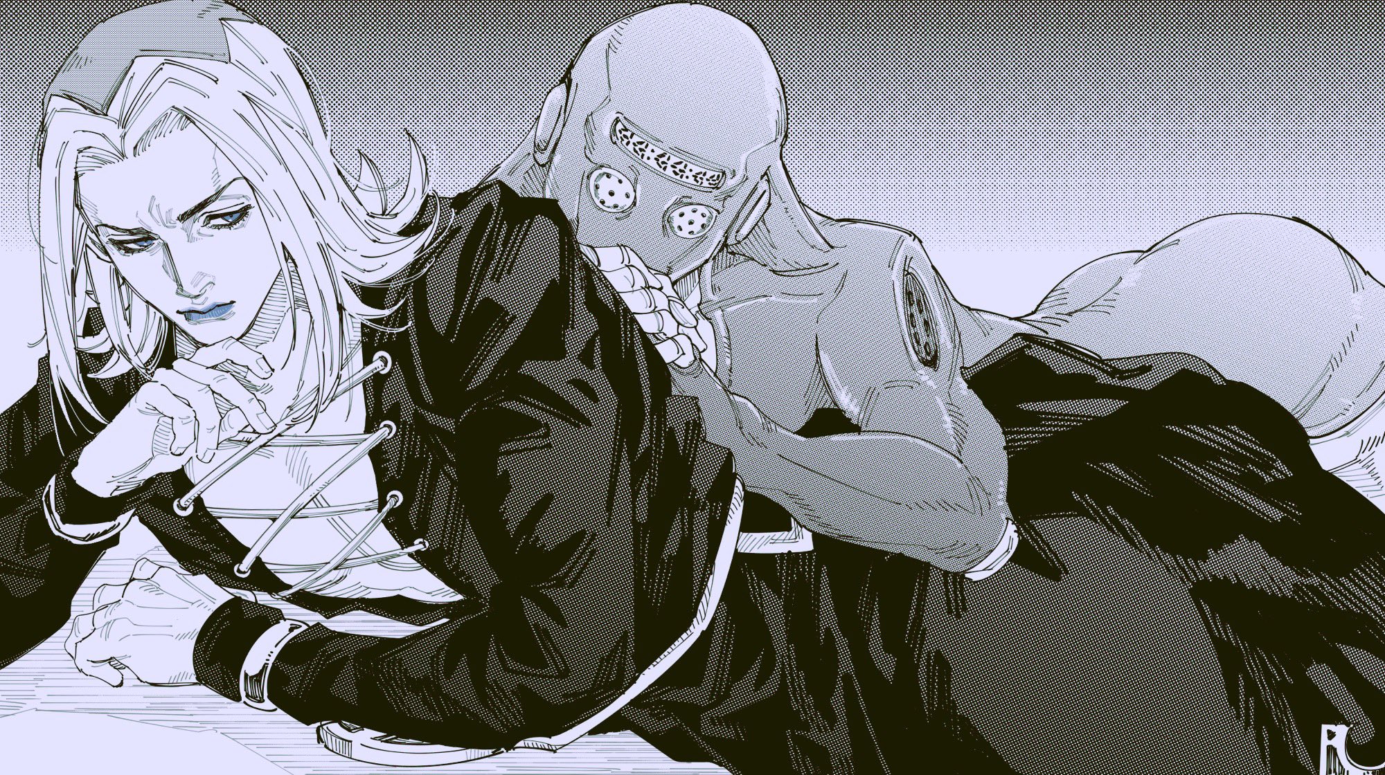 1boy 1other blue_eyes blue_lips cleavage_cutout clothing_cutout hat highres jojo_no_kimyou_na_bouken leone_abbacchio long_coat long_hair long_sleeves lying lying_on_person male_focus moody_blues_(stand) on_side partially_colored stand_(jojo) tsukaikata_wa_wakaru vento_aureo
