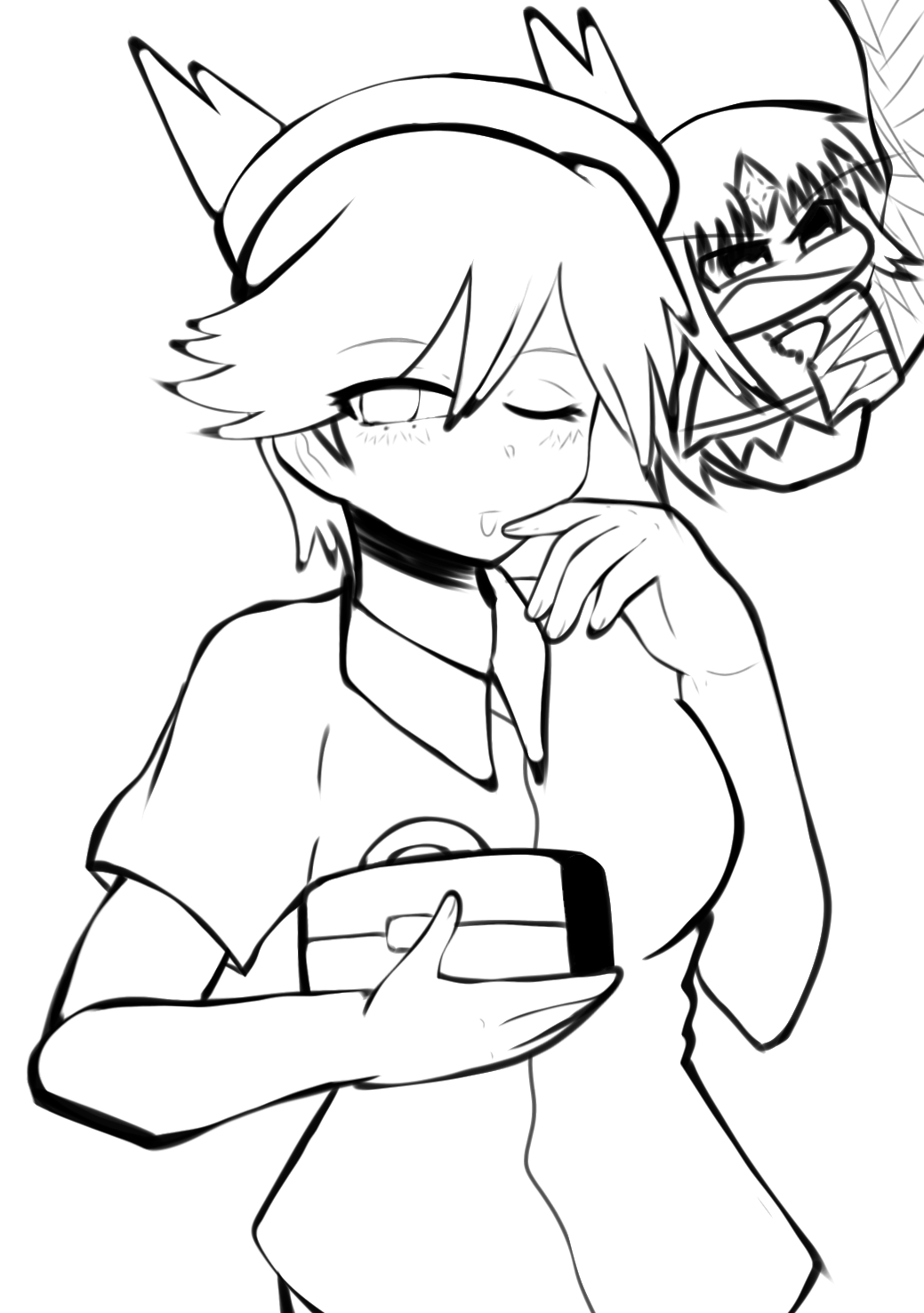 1boy 1girl 2000s_(style) angry bandages blush breasts chibi doctor dragon dragon_girl emerald_(pokemon) game_freak gem gen_3_pokemon green_gemstone hat highres holding_to_chest humanization latias legendary_pokemon lineart long_hair looking_at_viewer medium_breasts nintendo non-web_source nurse nurse_cap pokemon pokemon_(creature) pokemon_adventures reverse_trap seductive_smile self-upload short_hair smile sonasan tomboy trap