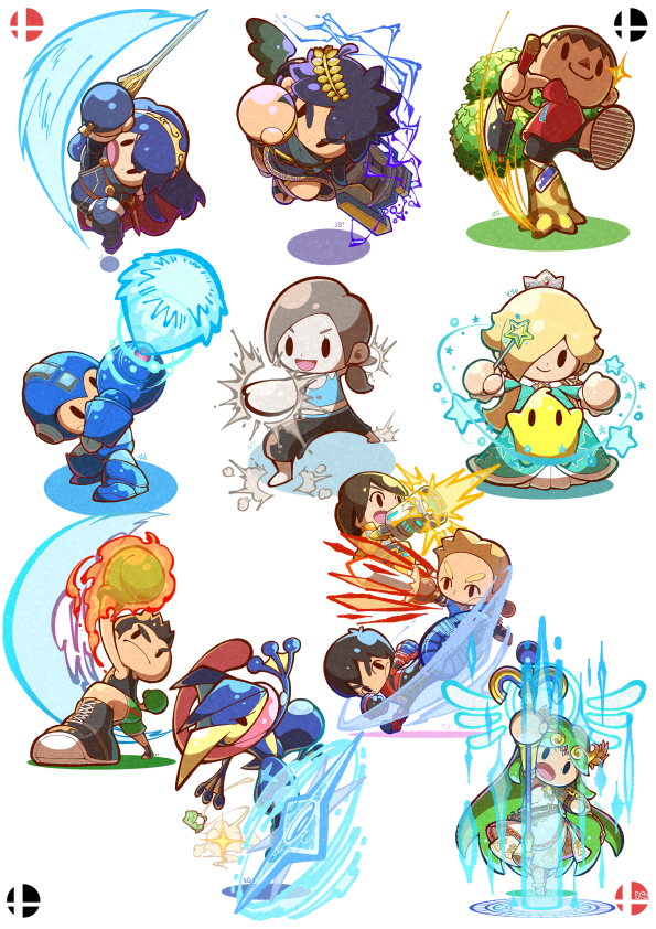 04sora40 5girls 6+boys angel angel_wings animal_crossing aqua_dress aqua_shirt arm_cannon arm_up axe barefoot black_hair black_pants black_shirt black_shoes blonde_hair blue_hair blue_shoes boxing_gloves brown_hair chibi closed_mouth colored_skin creatures_(company) crown dark_pit dress electricity fire_emblem fire_emblem_awakening flaming_hand full_body game_freak gen_6_pokemon gloves green_gloves green_hair green_shorts greninja grey_hair hair_over_one_eye holding holding_axe holding_staff holding_sword holding_weapon kicking kid_icarus kid_icarus_uprising little_mac long_hair lucina_(fire_emblem) luma_(mario) mario_(series) mega_man_(series) mii_(nintendo) mii_brawler mii_gunner mii_swordfighter multiple_boys multiple_girls nintendo open_mouth outstretched_arms palutena pants pokemon pokemon_(creature) pokemon_move ponytail punch-out!! punching red_shirt rosalina shirt shoes short_hair short_sleeves shorts shuriken simple_background smile spread_arms staff star_(symbol) substitute_(pokemon) super_mario_galaxy super_smash_bros. sword tongue_scarf tree very_long_hair villager_(animal_crossing) water water_shuriken_(pokemon) weapon white_background white_skin wii_fit wii_fit_trainer wii_fit_trainer_(female) wings