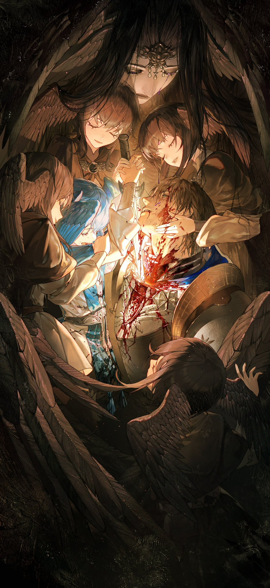 1boy 6+girls adventurer_(ff14) armor bird_girl bird_wings black_capelet black_hair black_wings bleeding blood blood_from_mouth blood_on_chest blood_on_face blood_on_hands blue_eyes blue_hair breastplate brooch brown_hair capelet circlet clone closed_eyes commentary dress eboda-x empty_eyes english_commentary feathered_wings final_fantasy final_fantasy_xiv hand_on_another&#039;s_cheek hand_on_another&#039;s_face head_wings highres holding holding_sword holding_weapon hyur jewelry long_hair meteion multiple_girls murder open_mouth paladin_(final_fantasy) parted_lips pauldrons short_hair shoulder_armor smile stab sword tears the_endsinger upper_body warrior_of_light_(ff14) weapon white_dress wings