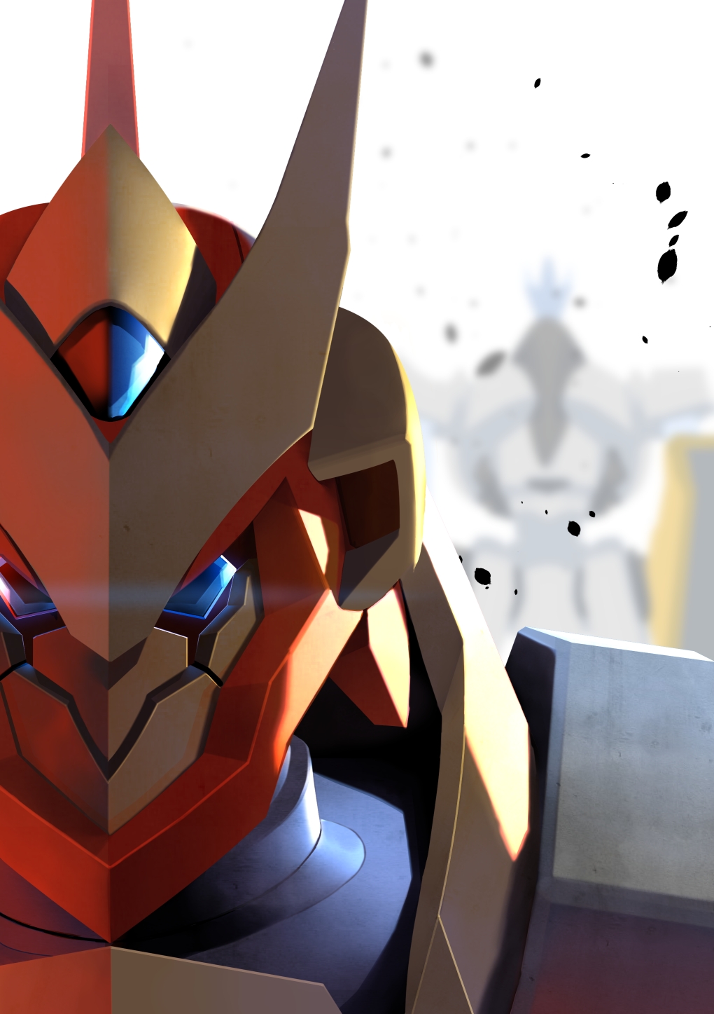 back blue_eyes blurry blurry_background byakuen_(code_geass) code_geass code_geass:_soubou_no_oz dust highres kuri_giepi lancelot_(code_geass) lancelot_grail mecha no_humans portrait robot science_fiction v-fin white_background