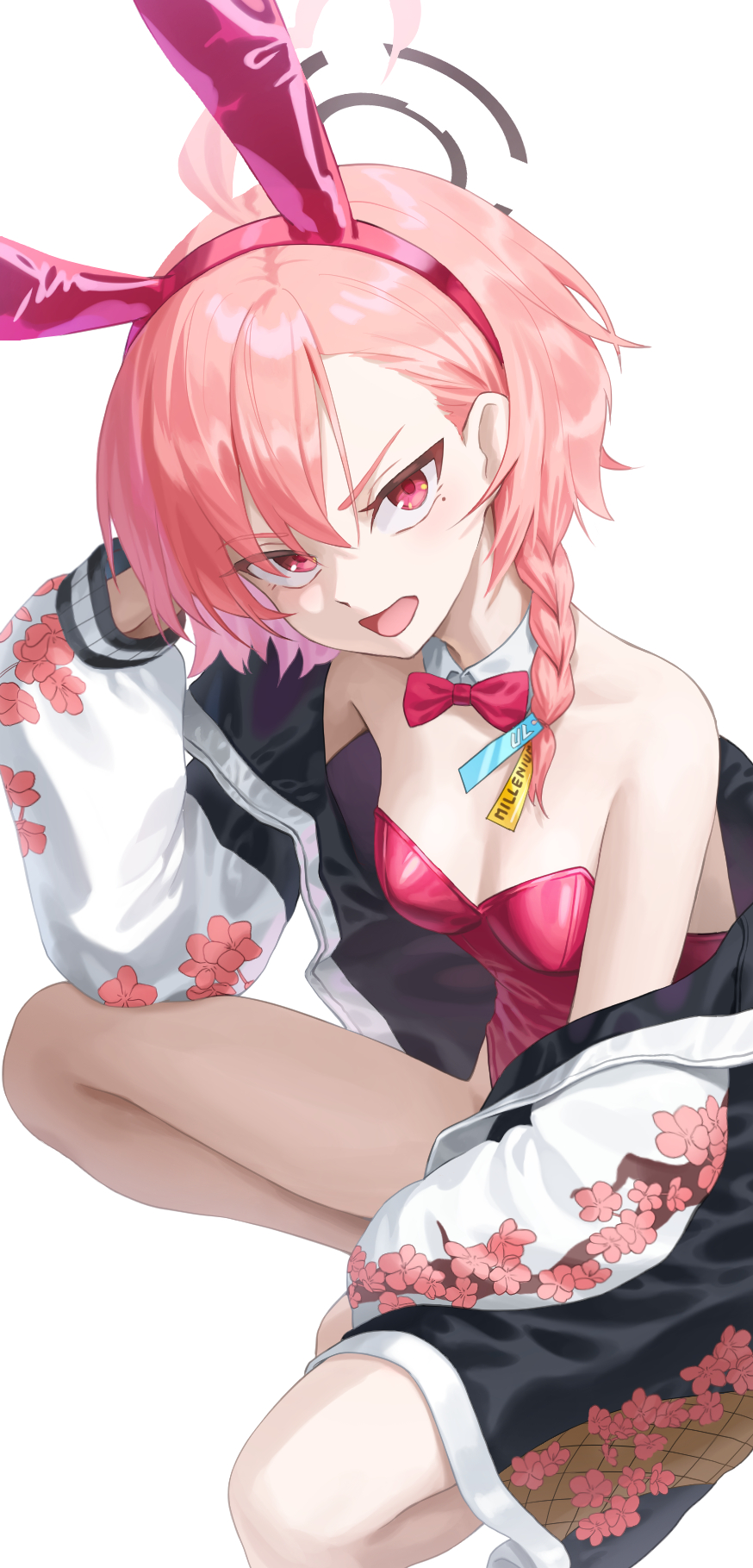 ahoge alohayuja animal_ears asymmetrical_bangs blue_archive bow bowtie braid breasts detached_collar highres jacket kneeling leotard mole mole_under_eye neru_(blue_archive) neru_(bunny)_(blue_archive) orange_hair playboy_bunny print_jacket rabbit_ears rabbit_tail red_bow red_bowtie red_eyes red_leotard single_braid small_breasts strapless strapless_leotard tag tail