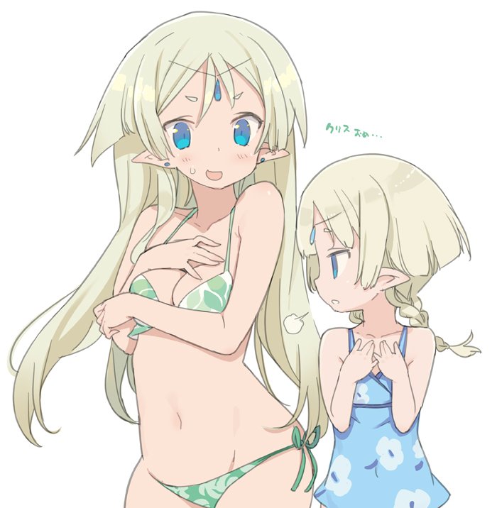 2girls bikini blade_(galaxist) blonde_hair blue_eyes blush braid breast_envy breasts casual_one-piece_swimsuit circlet cleavage earrings elf flat_chest jewelry juno_bernal kris_bernal long_hair multiple_girls navel official_art one-piece_swimsuit pointy_ears pop-up_story siblings side-tie_bikini_bottom simple_background sisters sweatdrop swimsuit twin_braids white_background