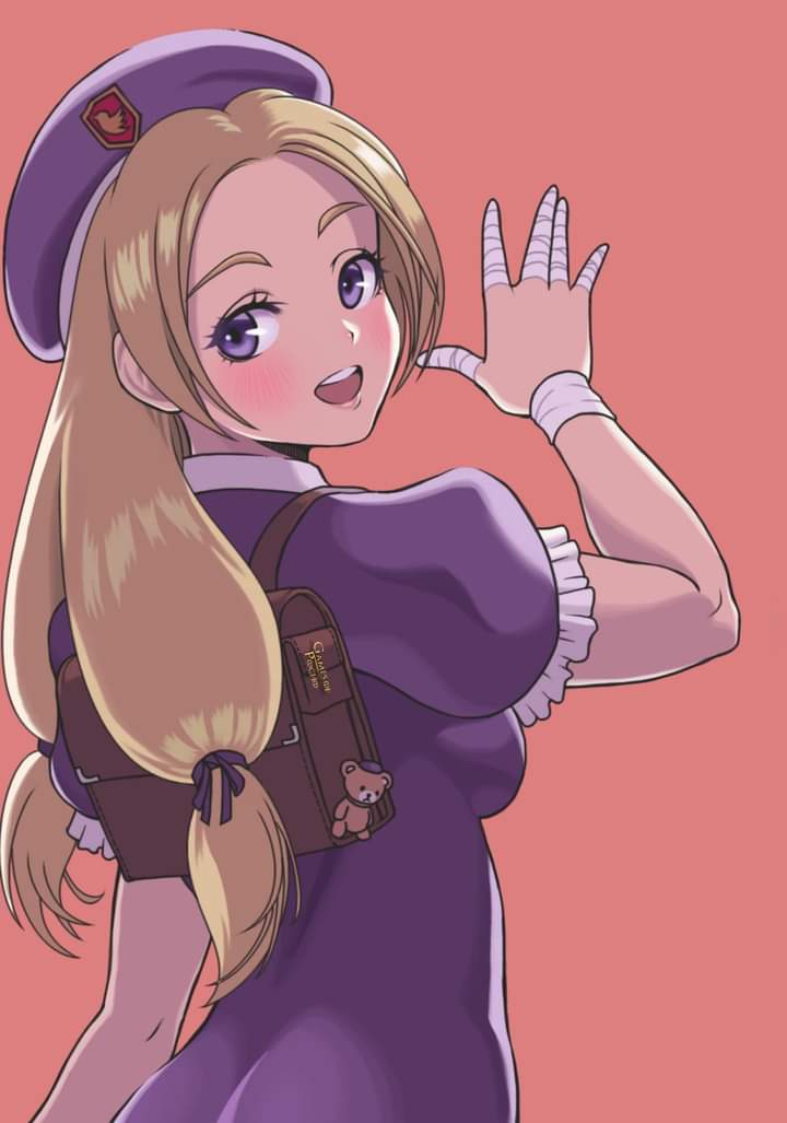 1girl back back_focus backpack bag blonde_hair breasts cap long_hair open_mouth purple_eyes school_uniform shijou_hinako snk the_king_of_fighters