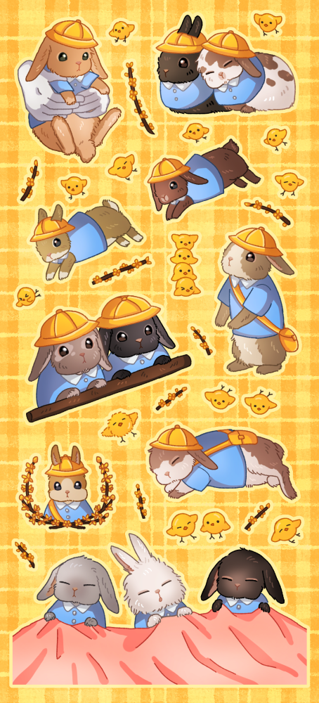 animal animal_focus baby_animal bag bird blue_shirt chick closed_eyes hat holding holding_animal honto_pic kindergarten_uniform lying no_humans orange_background original plaid_background rabbit school_hat shirt shoulder_bag sleeping yellow_background