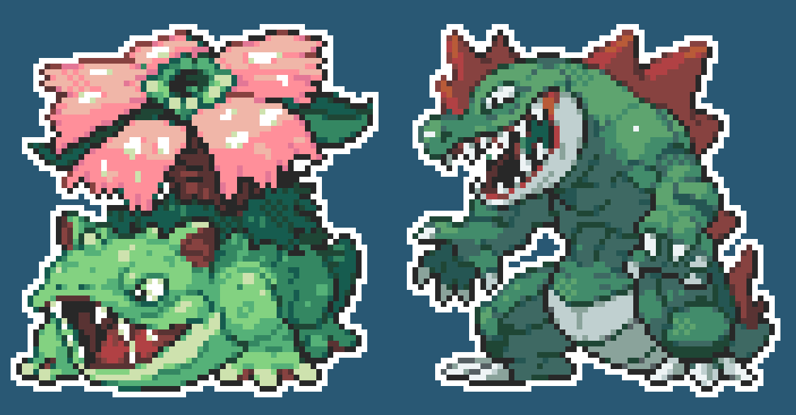 alternate_skin_color animal_ears blue_background claws colored_skin fangs feraligatr flower gen_1_pokemon gen_2_pokemon goliathgastro green_skin nintendo no_humans open_mouth pixel_art plant plant_monster pokemon pokemon_(creature) pokemon_focus prototype_design reptile sharp_teeth spines sprite teeth venusaur warts webbed_feet white_background
