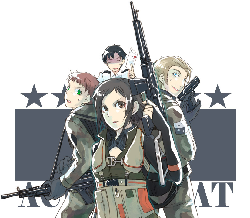 1girl 3boys ace_combat ace_combat_5 alvin_h_davenport blaze flight_suit g-suit gun hans_grimm kei_nagase military military_uniform mimura_tokusa multiple_boys namco rifle weapon