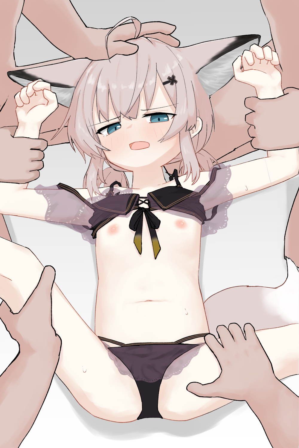 1girl 3boys animal_ears arknights bikini black_bikini blue_eyes commentary commission dated_commentary flat_chest fox_ears fox_girl fox_tail hair_ornament highres kamihine loli multiple_boys navel nipples official_alternate_costume paid_reward_available skeb_commission spread_legs sussurro_(arknights) sussurro_(summer_flower)_(arknights) swimsuit tail
