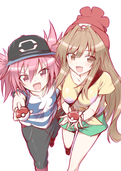 2girls :d alternate_costume black_hat black_pants blunt_bangs breasts brown_eyes brown_hair commentary_request cosplay edomae_lunar elio_(pokemon) elio_(pokemon)_(cosplay) feet_out_of_frame from_above green_shorts hair_intakes happy hat holding holding_poke_ball long_hair medium_breasts medium_hair multiple_girls nintendo open_mouth outstretched_arm pants peaked_cap pink_eyes pink_hair poke_ball pokemon pokemon_sm selene_(pokemon) selene_(pokemon)_(cosplay) seto_no_hanayome seto_sun shirt short_sleeves shorts simple_background smile smug spiked_hair standing straight_hair striped_clothes striped_shirt twintails v-shaped_eyebrows very_long_hair yellow_shirt yuto_(dialique)