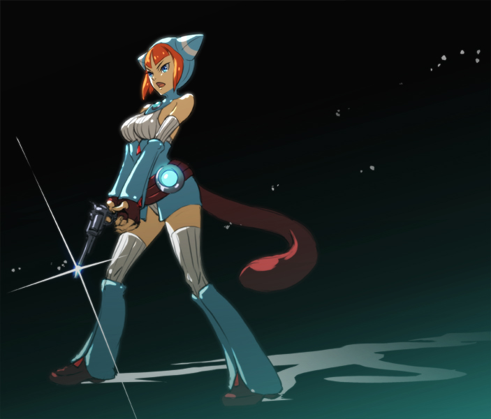 1girl animal_hood blue_eyes breasts breath_of_fire breath_of_fire_v cat_hood full_body gloves gun holding holding_gun holding_weapon hood lin_(breath_of_fire) medium_breasts open_mouth orange_hair shadow short_hair solo tail thighhighs weapon yuma_(yuma001959)