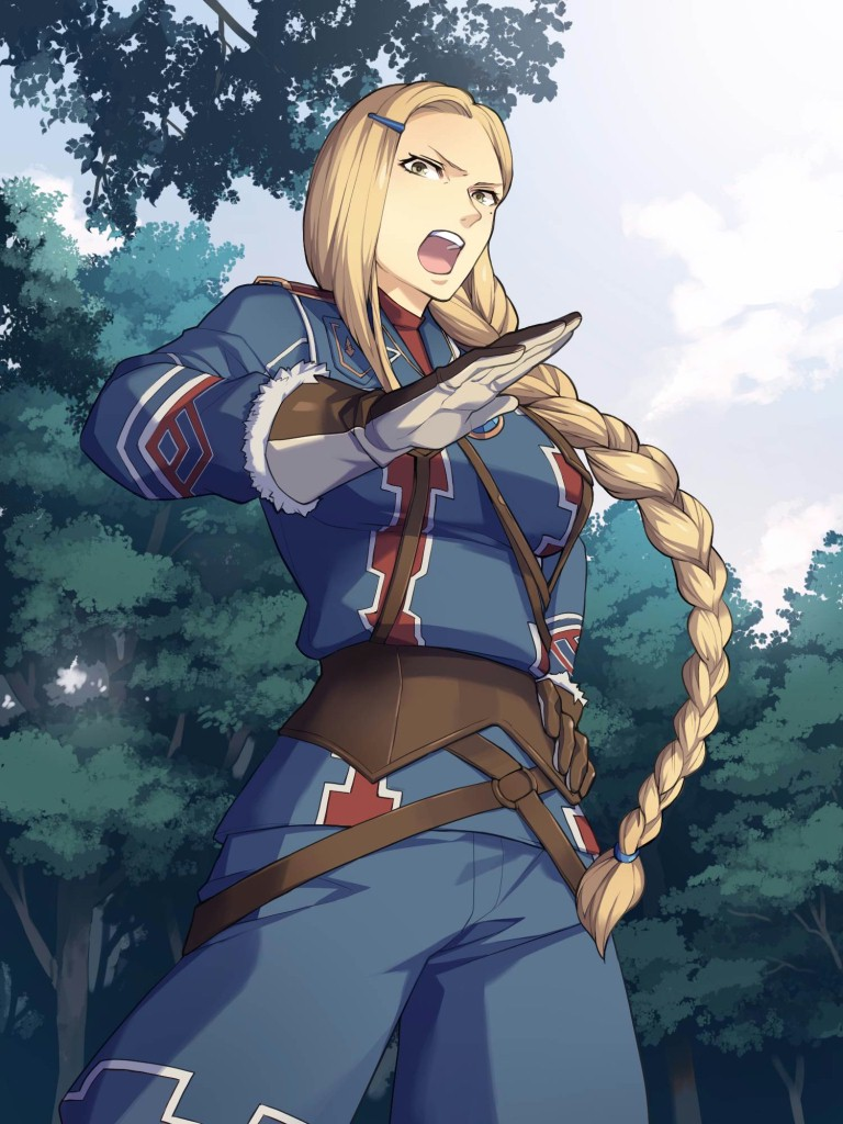 00s 1girl audrey_gassenarl blonde_hair braid brown_eyes day female_focus forest gloves hair_ornament hairclip hand_on_own_hip long_hair military military_uniform mole mole_under_eye nature open_mouth outdoors senjou_no_valkyria senjou_no_valkyria_(series) senjou_no_valkyria_2 solo tree yuikawa_kazuno