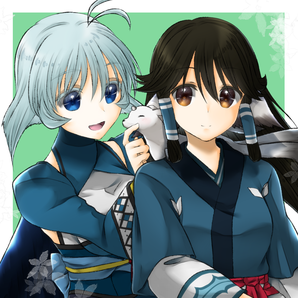 2girls aged_up ahoge ainu_clothes animal animal_ears aquaplus aruruu black_hair black_wings blue_eyes blue_hair breasts breezefu00 brown_eyes colored_eyelashes dress eyelashes gachatara gradient_eyes hair_between_eyes camyu large_breasts oversized_wings layered_sleeves long_hair long_sleeves medium_breasts medium_hair multicolored_eyes multiple_girls off_shoulder puffy_sleeves raised_eyebrows red_sash sash sidelocks utawarerumono utawarerumono:_itsuwari_no_kamen very_long_hair wide_sleeves wings