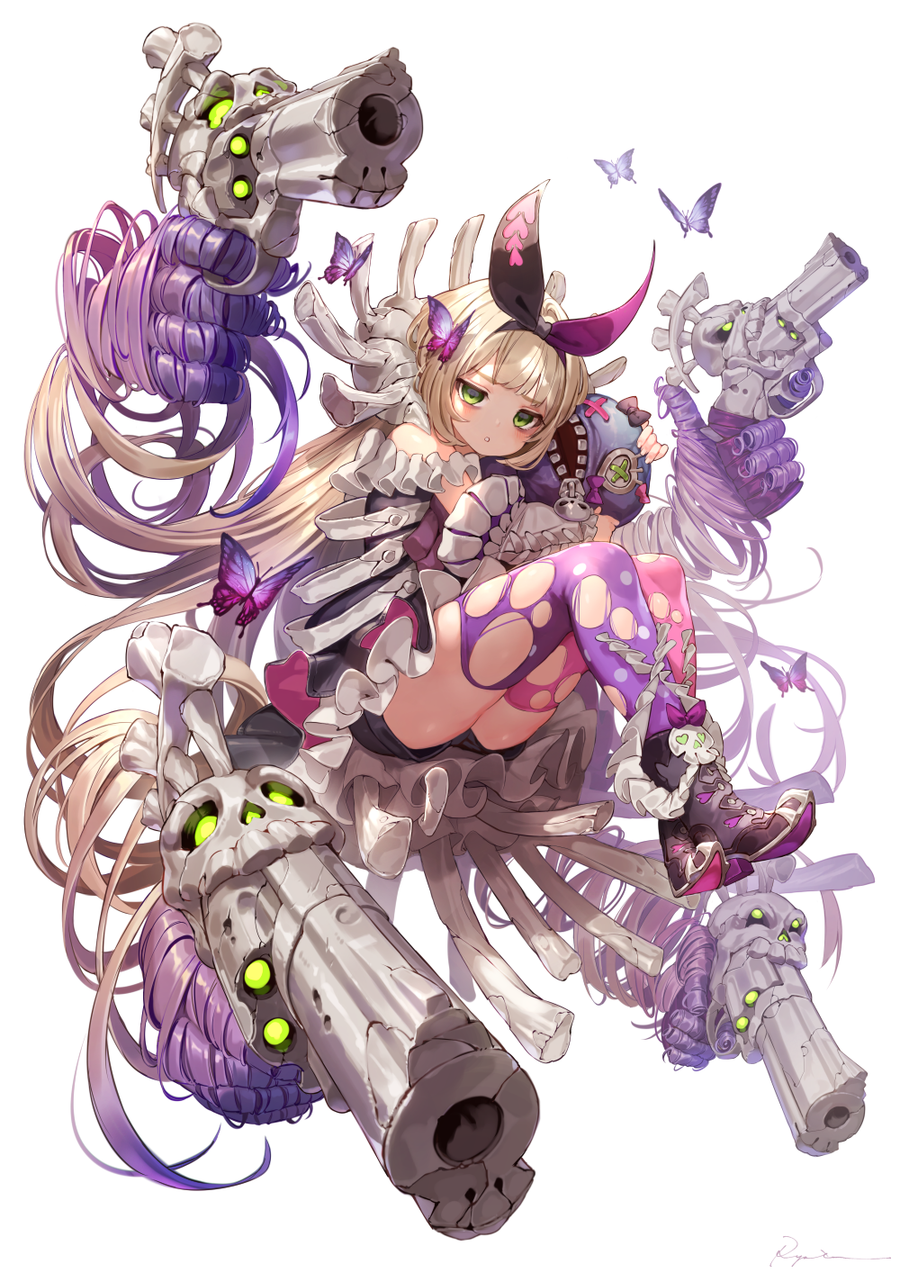1girl :o absurdly_long_hair ankle_boots asymmetrical_legwear banshee_(destiny_child) bare_shoulders black_boots black_bow black_hairband black_shorts blonde_hair blunt_bangs bone boots bow bug butterfly commentary destiny_child female_focus finger_on_trigger full_body gradient_hair green_eyes gun hair_bow hair_weapon hairband handgun highres holding insect legs_together living_hair long_hair looking_at_viewer mismatched_legwear multicolored_hair pink_bow pink_thighhighs polka_dot polka_dot_legwear prehensile_hair purple_bow purple_hair purple_hairband purple_ribbon purple_thighhighs quadruple_wielding revolver ribbon ryota_(ry_o_ta) shorts sidelocks signature simple_background skull solo symbol-only_commentary thighhighs torn_clothes torn_thighhighs very_long_hair weapon white_background zipper zipper_pull_tab