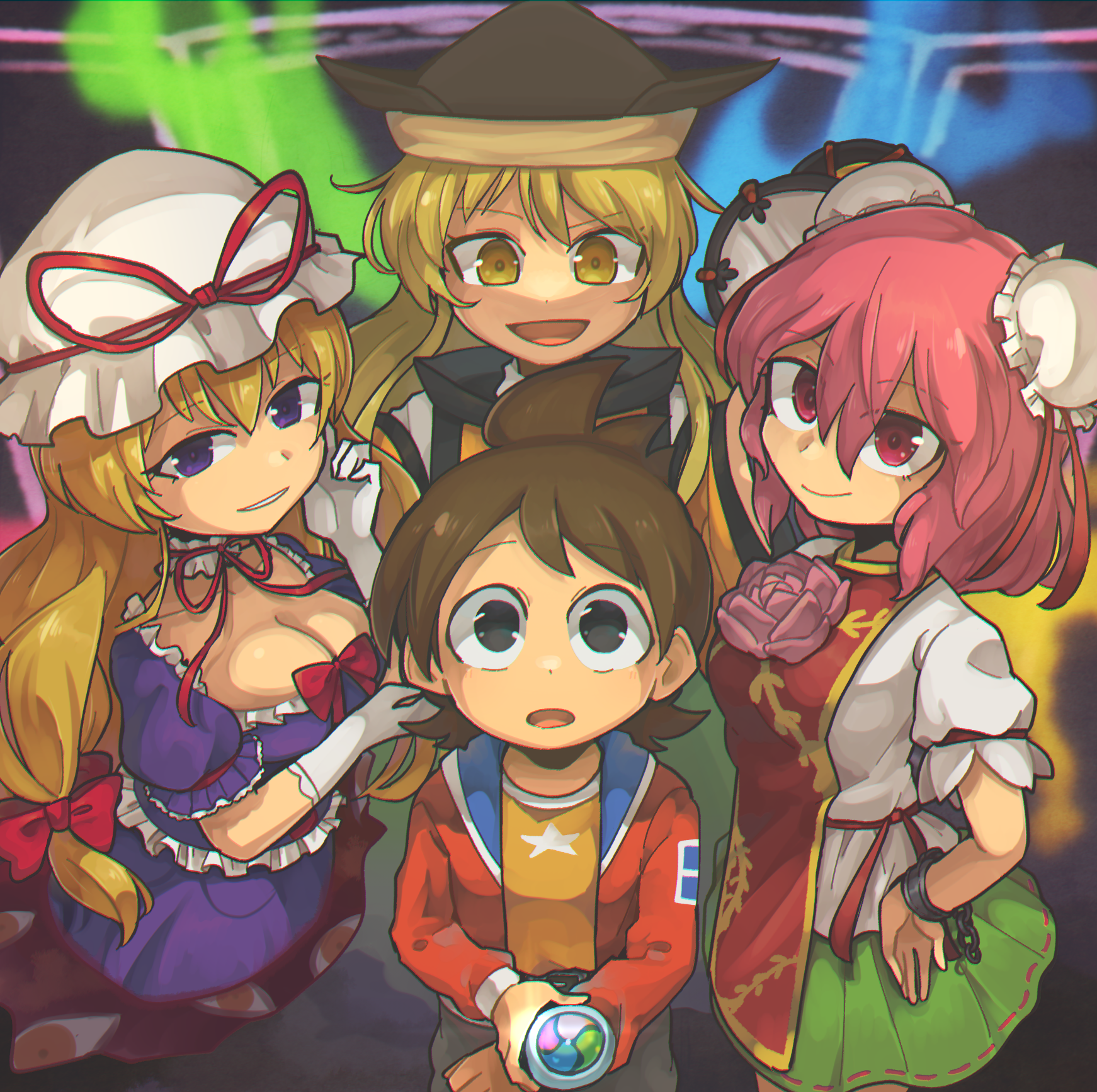 1boy 4girls amano_keita blonde_hair commission double_bun dress gloves hair_bun hat highres ibaraki_kasen jiima_tarou looking_at_viewer matara_okina mob_cap multiple_girls pink_hair pixiv_commission puffy_short_sleeves puffy_sleeves purple_dress purple_eyes short_sleeves touhou white_gloves yakumo_yukari youkai_watch